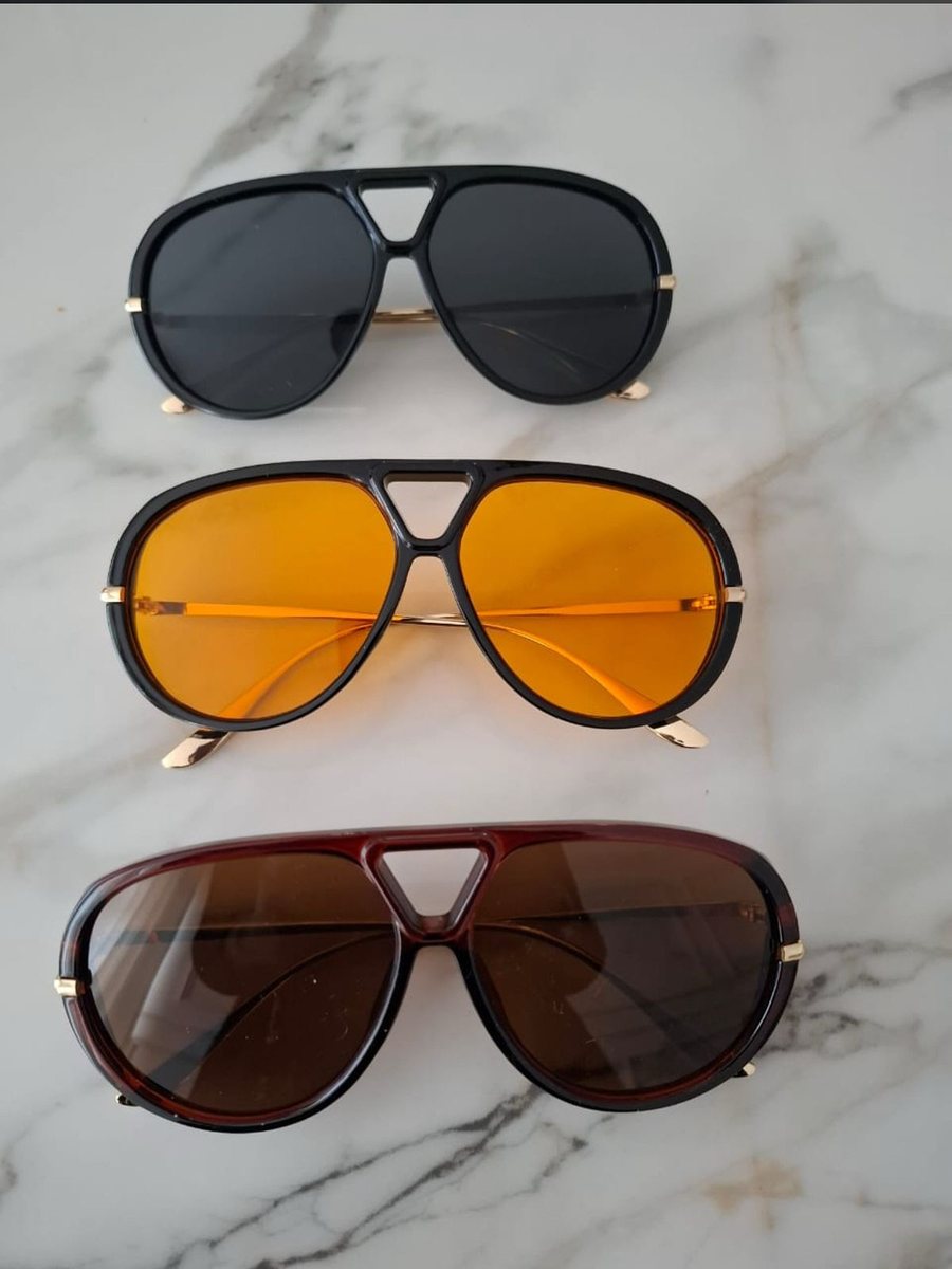 Bold aviator sunglasses in black, orange and brown